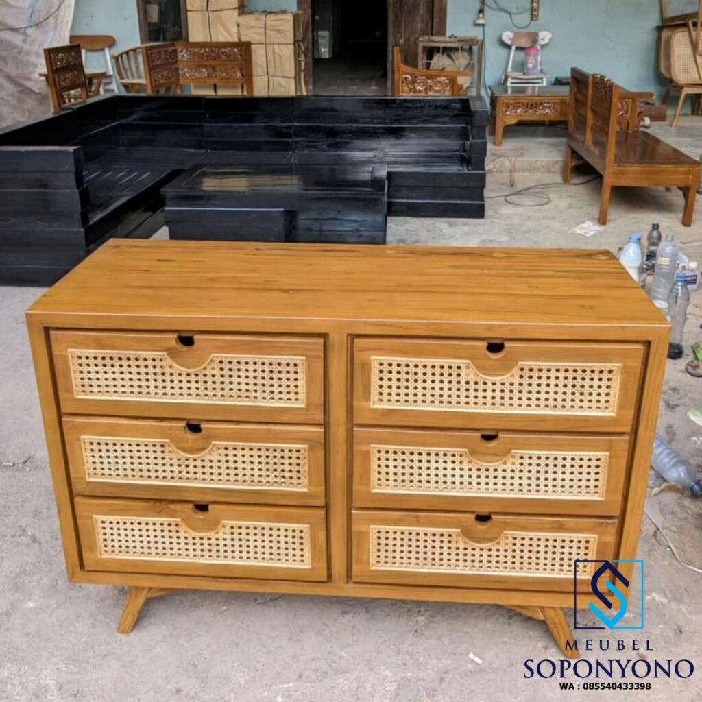 Harga Bufet Meja TV Retro Rotan Minimalis Kayu Jati 6 Laci