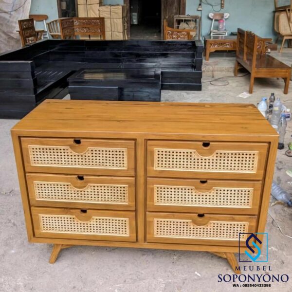 Harga Bufet Meja TV Retro Rotan Minimalis Kayu Jati 6 Laci