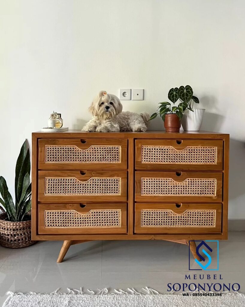 Meja Drawer Retro 6 Laci Kayu Jati Kombinasi Rotan Meja Drawer Retro 6 Laci Kayu Jati Kombinasi Rotan