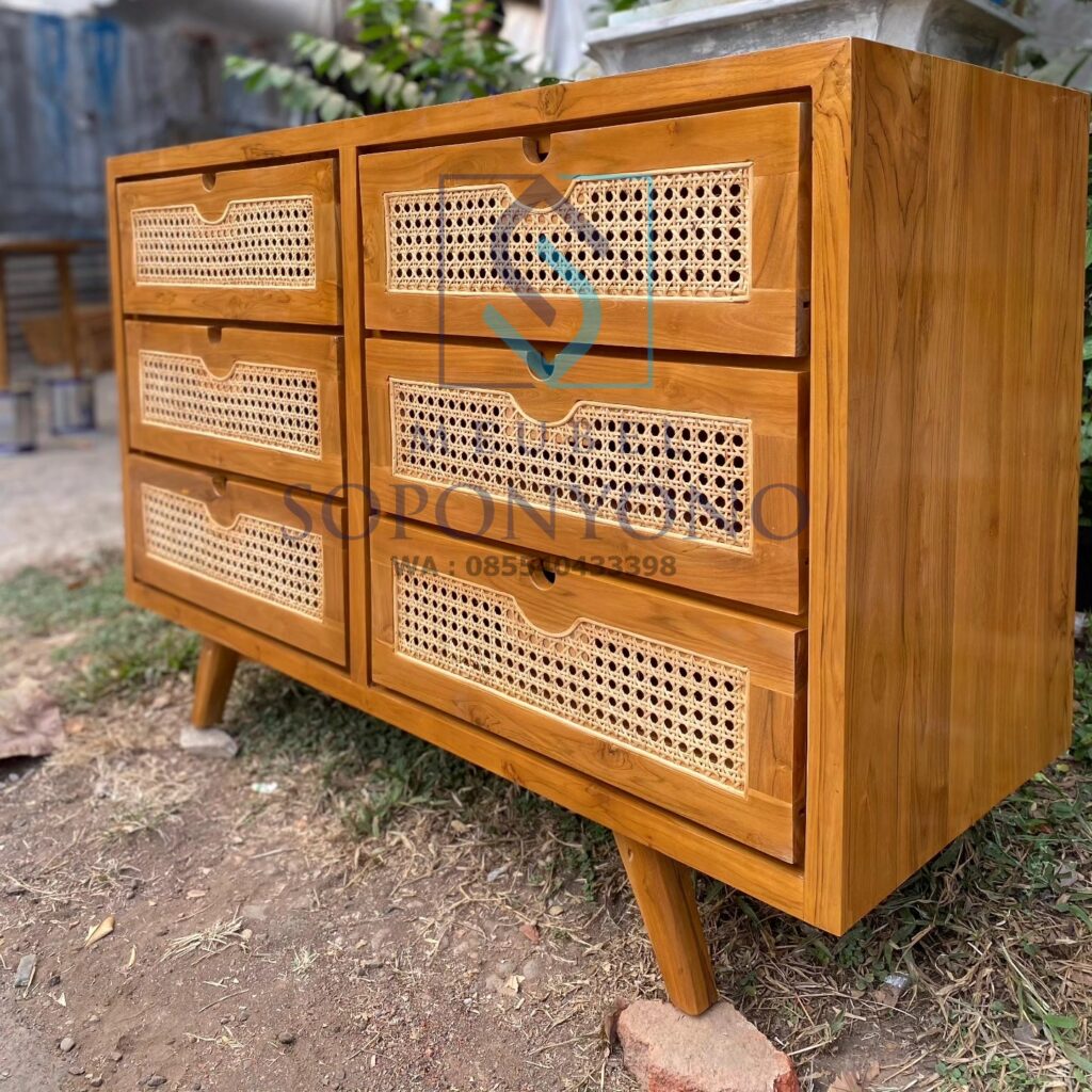 Model Bufet Meja TV Retro Rotan Minimalis Kayu Jati 6 Laci