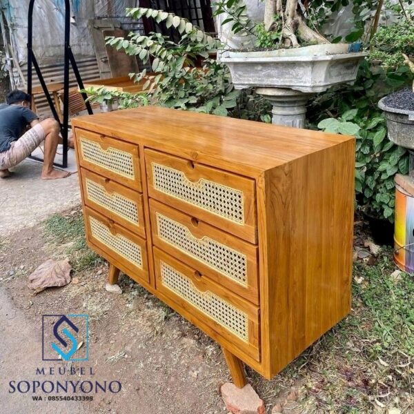 Model Bufet Meja TV Retro Rotan Minimalis Kayu Jati 6 Laci Terbaru
