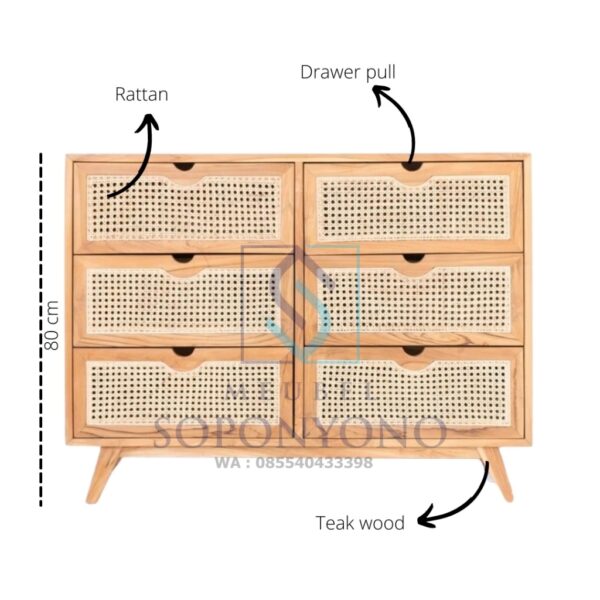 Model Meja Drawer Retro 6 Laci Kayu Jati Kombinasi Rotan