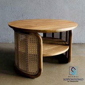 Coffee Table Meja Tamu Minimalis Bulat Kombinasi Rotan