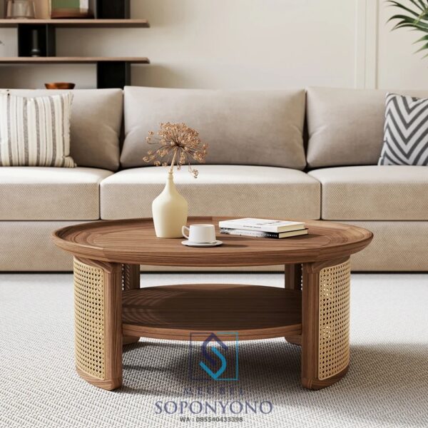 Harga Coffee Table Meja Kopi Minimalis Anyaman Rotan Kayu Jati
