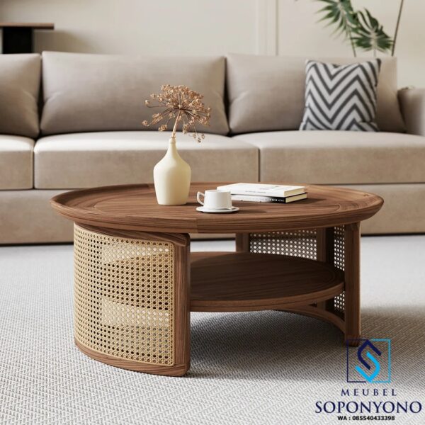 Jual Coffee Table Meja Kopi Minimalis Anyaman Rotan Kayu Jati
