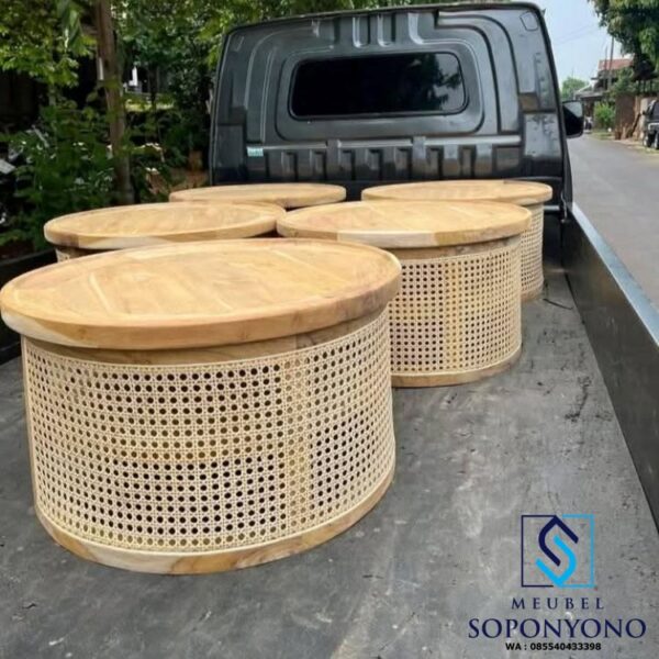 Jual Meja Tamu Bulat Minimalis Jati Kombinasi Anyaman Rotan