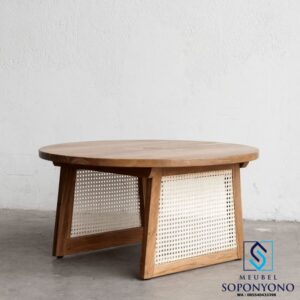 Jual Meja Tamu Coffe Table Bulat Minimalis Jati Kombinasi Rotan