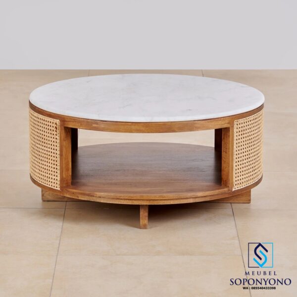 Jual Meja Tamu Coffe Table Jati Solid Kombinasi Rotan dan Marmer