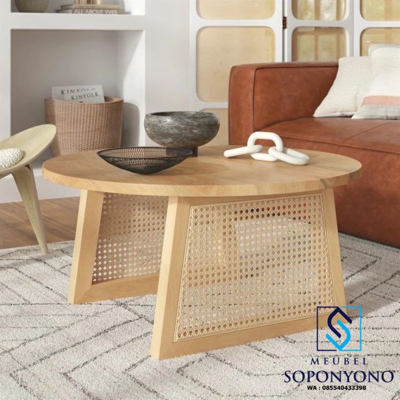 Meja Tamu Coffe Table Bulat Minimalis Jati Anyaman Rotan Meja Tamu Coffe Table Bulat Minimalis Jati Anyaman Rotan