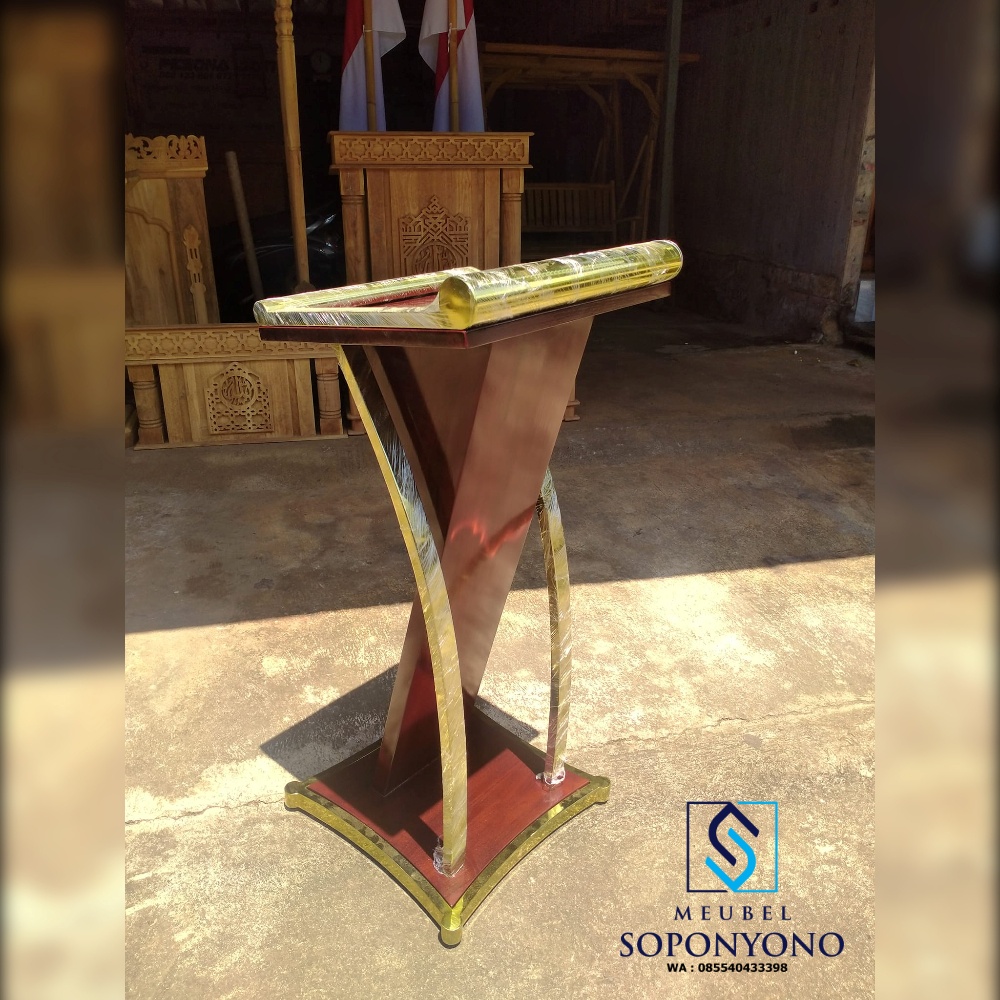 Mimbar Pidato Minimalis Stainless Warna Gold Kayu Jati Mimbar Pidato Minimalis Stainless Warna Gold Kayu Jati