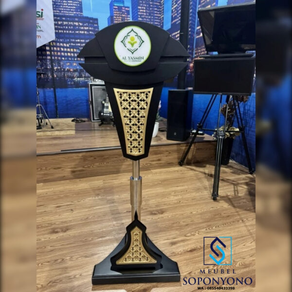 Mimbar Podium Pidato Hidrolik Stainless Minimalis Jati