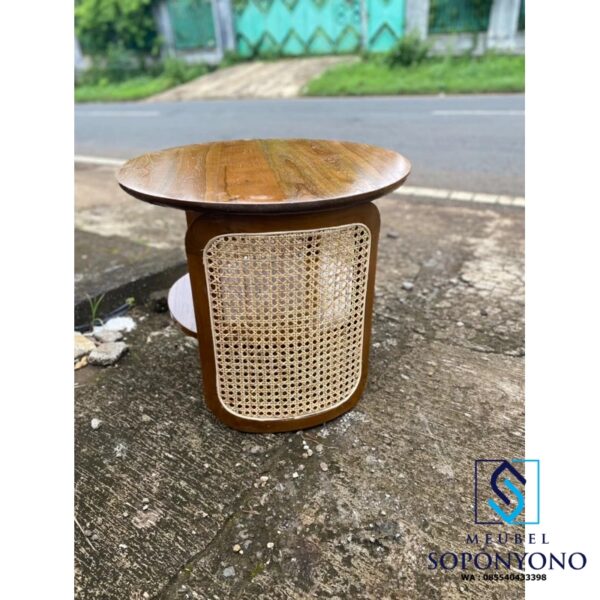 Model Coffee Table Meja Tamu Minimalis Bulat Kombinasi Rotan